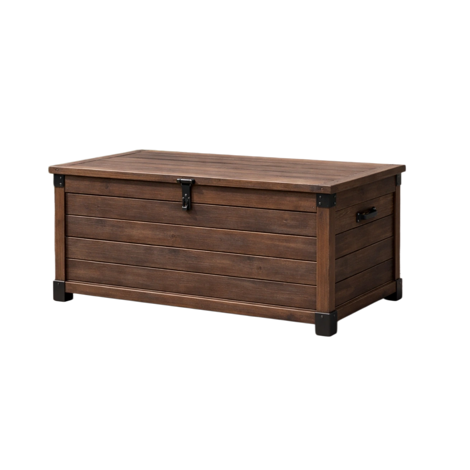 Coffre de rangement en bois de sapin marron avec renforts métalliques-homevillae
