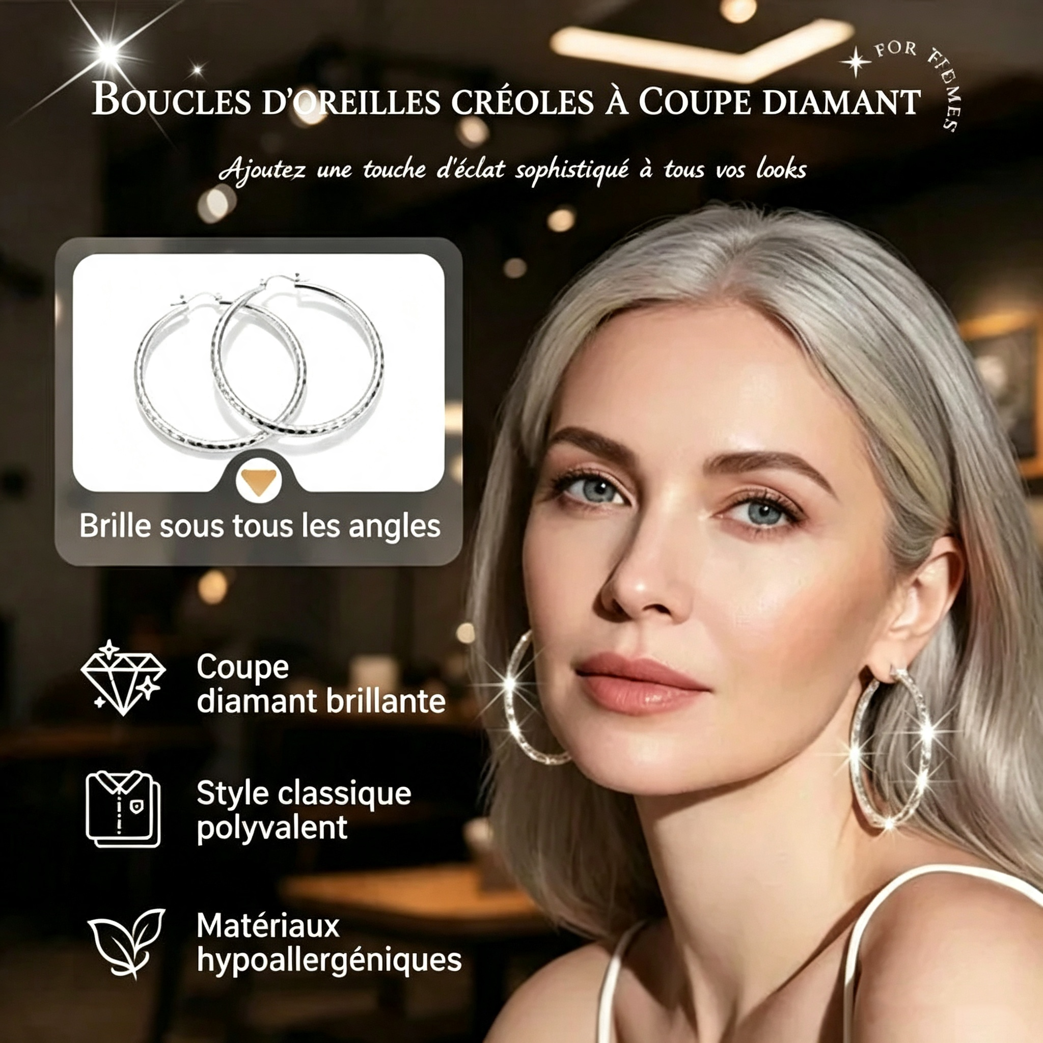 🎉 1 acheté, 1 offert (2 paires) 🎁 Créoles pour femme à facettes diamant – Élégantes et étincelantes 💎