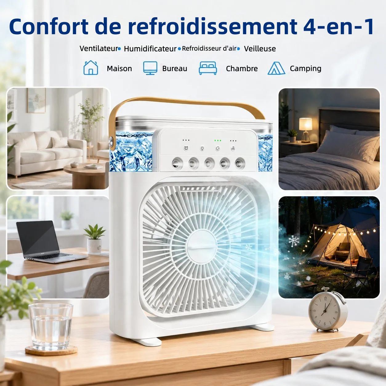🏆Plus de 50 000 ventes⚡ Ventilateur de bureau portable 4 en 1 avec brumisateur de glace