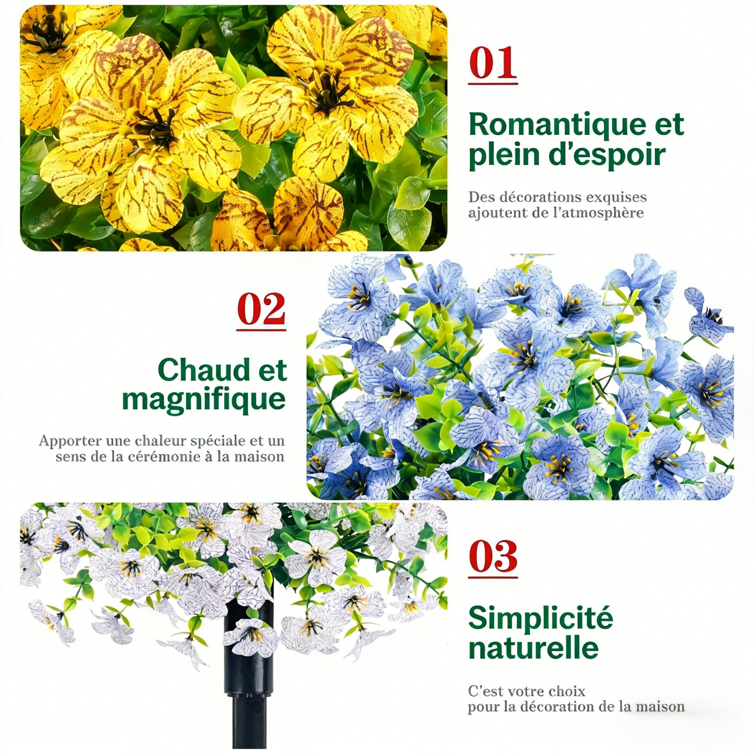 Dernier jour de la promotion ! 🔥 Décorations florales artificielles résistantes aux UV et imperméables pour une utilisation intérieure et extérieure.
