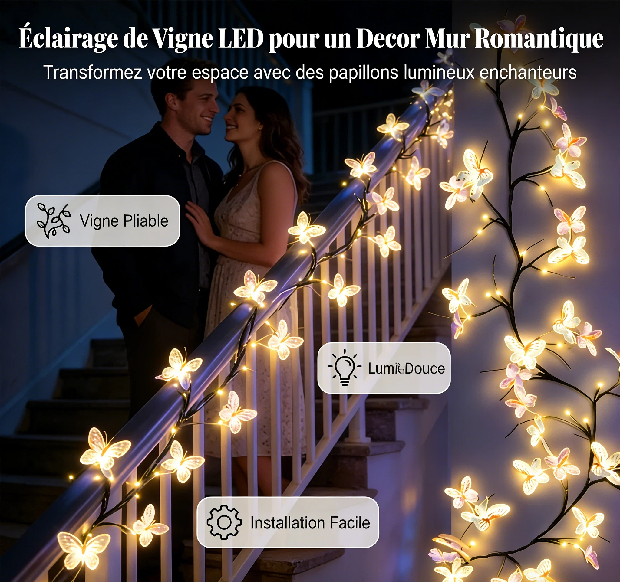 Guirlande lumineuse romantique en forme de papillon à LED