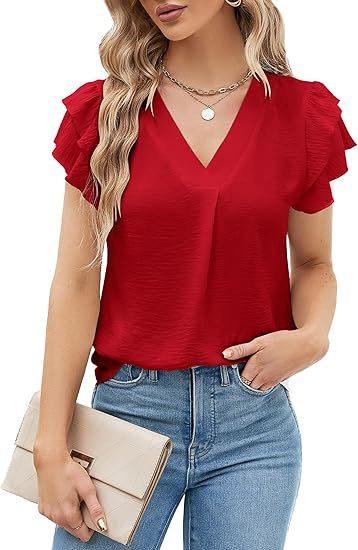 Womens Dressy Casual Shirts Short Sleeve V Neck Work Blouse Business Casual Summer Tops 2026