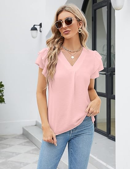Womens Dressy Casual Shirts Short Sleeve V Neck Work Blouse Business Casual Summer Tops 2026
