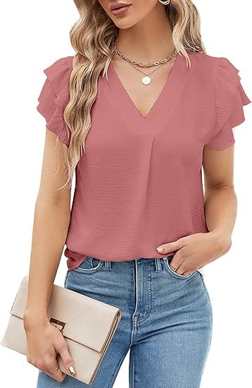 Womens Dressy Casual Shirts Short Sleeve V Neck Work Blouse Business Casual Summer Tops 2026
