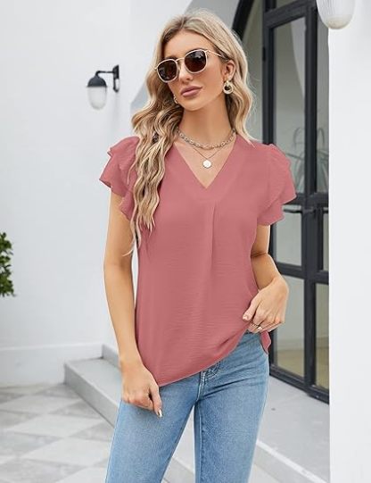 Womens Dressy Casual Shirts Short Sleeve V Neck Work Blouse Business Casual Summer Tops 2026
