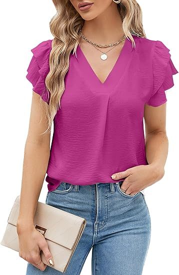 Womens Dressy Casual Shirts Short Sleeve V Neck Work Blouse Business Casual Summer Tops 2026
