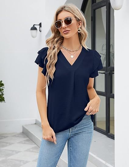 Womens Dressy Casual Shirts Short Sleeve V Neck Work Blouse Business Casual Summer Tops 2026