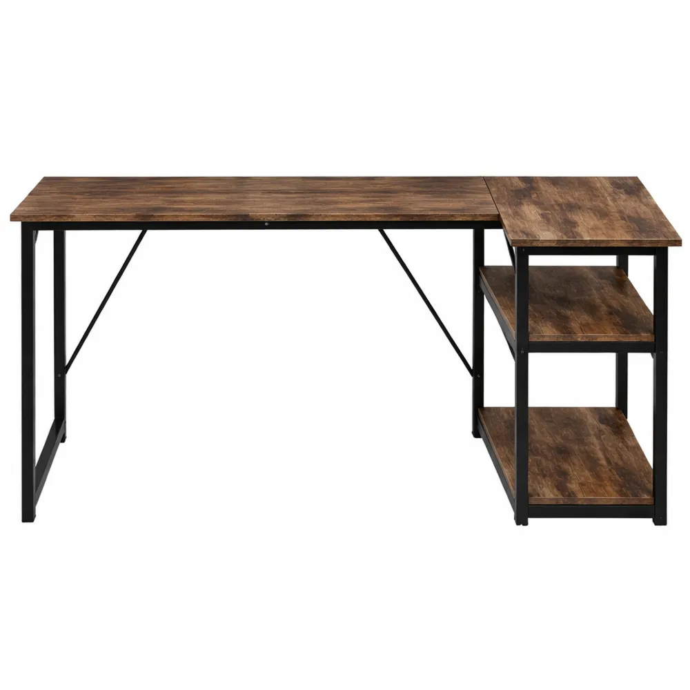 Scrivania Angolare Reversibile con Scaffale Integrato per Ufficio e Camera, Finitura Marrone Rustico