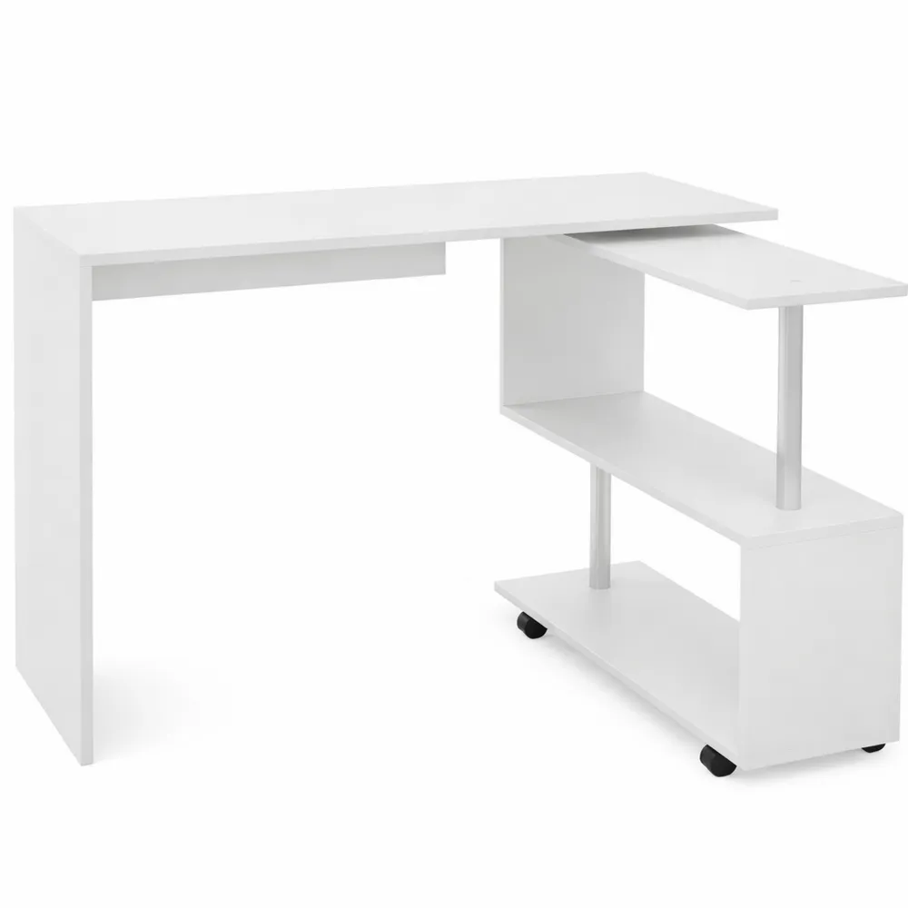 Scrivania Angolare Rotante con Ripiani e Ruote