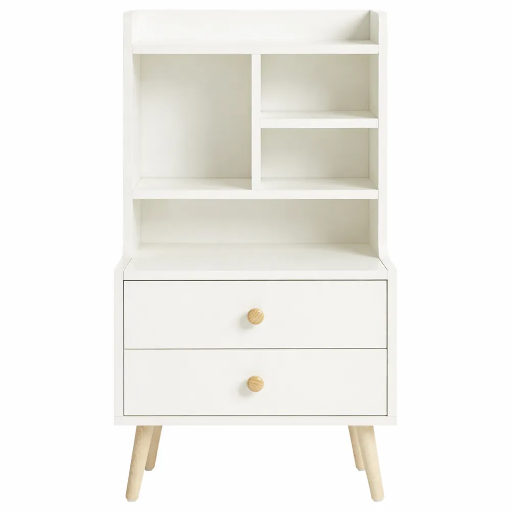 Comodino bianco con cassetti e ripiani multipli