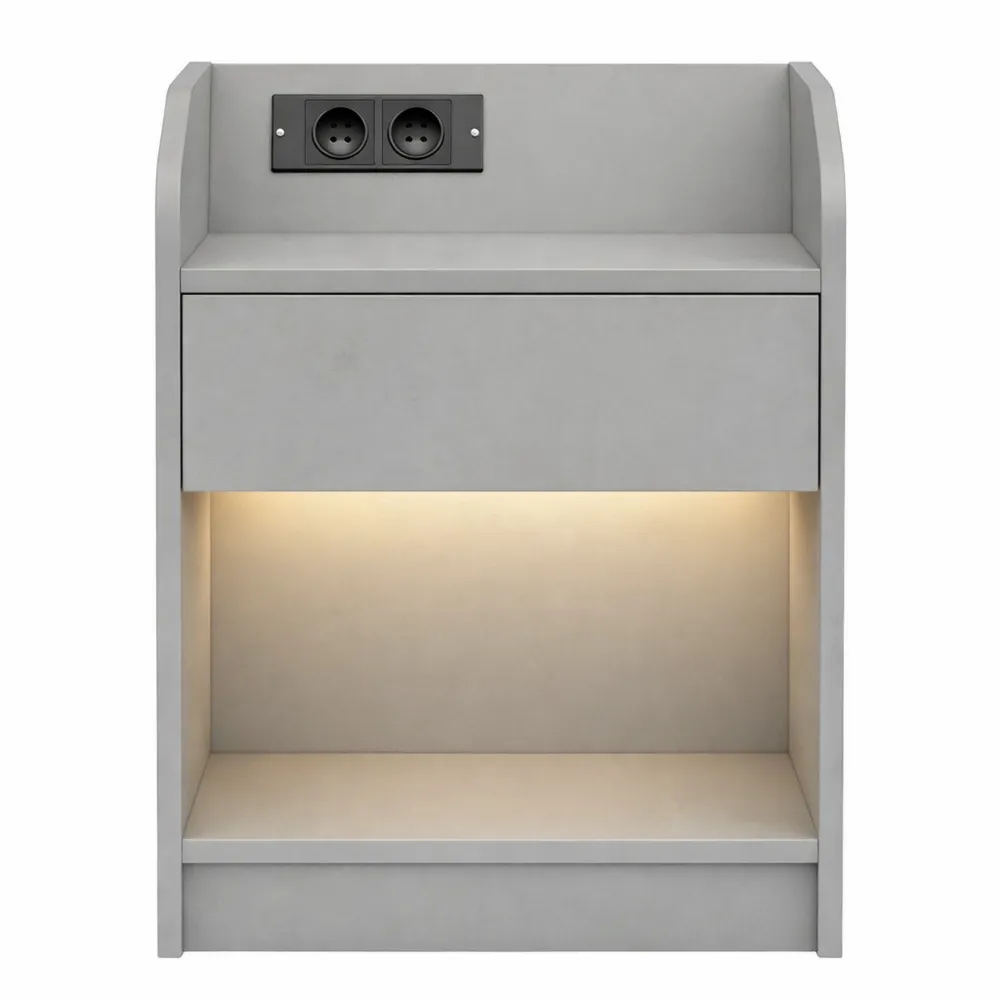 Comodino multifunzionale con luce LED e stazione di ricarica, cassetto e ripiano aperto