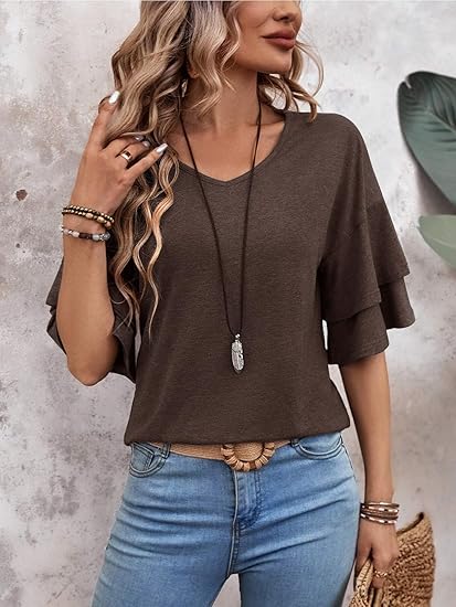 Womens Blouses Ruffle Sleeve Top V Neck Shirts Casual Outfit Bell Sleeve Cute Tee Spring Fall Summer Fashion Clothes