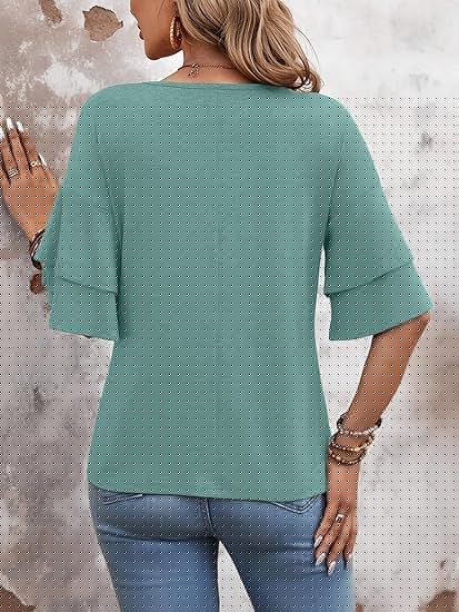 Womens Blouses Ruffle Sleeve Top V Neck Shirts Casual Outfit Bell Sleeve Cute Tee Spring Fall Summer Fashion Clothes