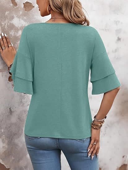 Womens Blouses Ruffle Sleeve Top V Neck Shirts Casual Outfit Bell Sleeve Cute Tee Spring Fall Summer Fashion Clothes