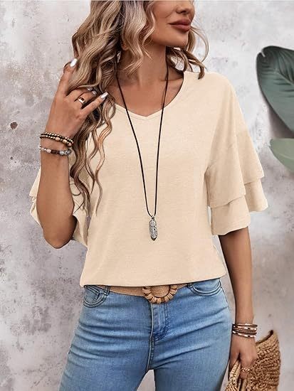 Womens Blouses Ruffle Sleeve Top V Neck Shirts Casual Outfit Bell Sleeve Cute Tee Spring Fall Summer Fashion Clothes