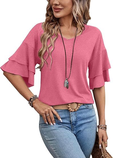 Womens Blouses Ruffle Sleeve Top V Neck Shirts Casual Outfit Bell Sleeve Cute Tee Spring Fall Summer Fashion Clothes