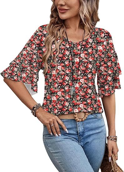 Womens Blouses Ruffle Sleeve Top V Neck Shirts Casual Outfit Bell Sleeve Cute Tee Spring Fall Summer Fashion Clothes