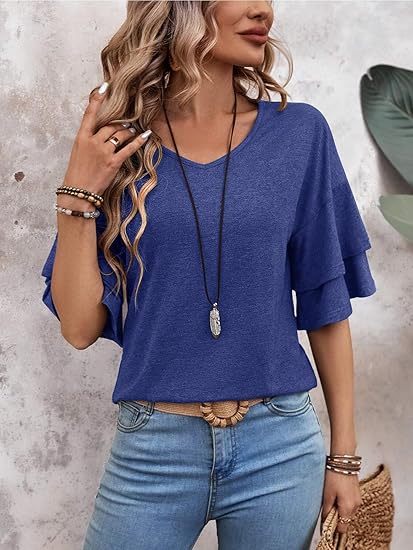 Womens Blouses Ruffle Sleeve Top V Neck Shirts Casual Outfit Bell Sleeve Cute Tee Spring Fall Summer Fashion Clothes