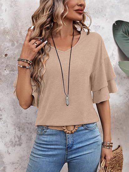 Womens Blouses Ruffle Sleeve Top V Neck Shirts Casual Outfit Bell Sleeve Cute Tee Spring Fall Summer Fashion Clothes