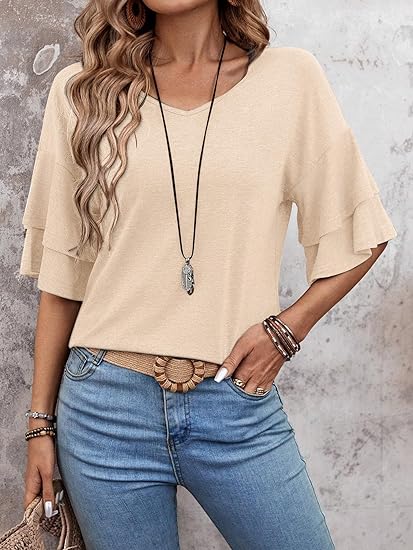 Womens Blouses Ruffle Sleeve Top V Neck Shirts Casual Outfit Bell Sleeve Cute Tee Spring Fall Summer Fashion Clothes