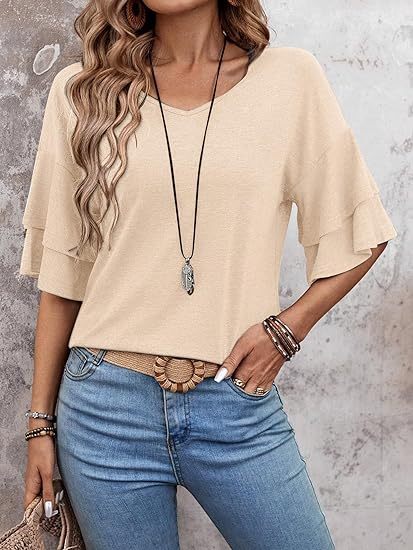 Womens Blouses Ruffle Sleeve Top V Neck Shirts Casual Outfit Bell Sleeve Cute Tee Spring Fall Summer Fashion Clothes