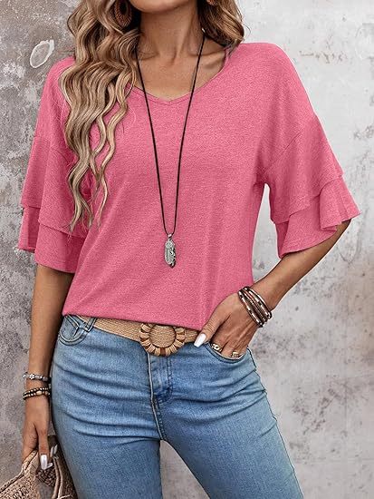 Womens Blouses Ruffle Sleeve Top V Neck Shirts Casual Outfit Bell Sleeve Cute Tee Spring Fall Summer Fashion Clothes