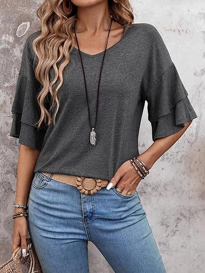 Womens Blouses Ruffle Sleeve Top V Neck Shirts Casual Outfit Bell Sleeve Cute Tee Spring Fall Summer Fashion Clothes