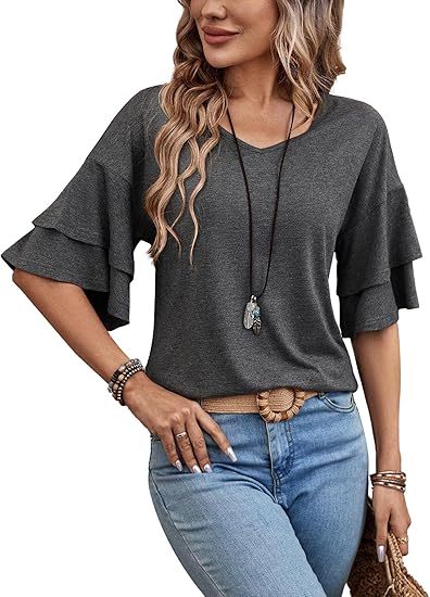 Womens Blouses Ruffle Sleeve Top V Neck Shirts Casual Outfit Bell Sleeve Cute Tee Spring Fall Summer Fashion Clothes