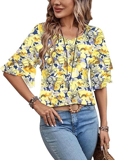 Womens Blouses Ruffle Sleeve Top V Neck Shirts Casual Outfit Bell Sleeve Cute Tee Spring Fall Summer Fashion Clothes