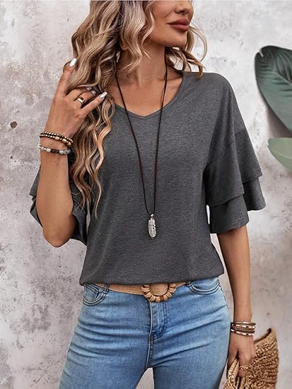 Womens Blouses Ruffle Sleeve Top V Neck Shirts Casual Outfit Bell Sleeve Cute Tee Spring Fall Summer Fashion Clothes