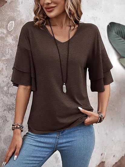 Womens Blouses Ruffle Sleeve Top V Neck Shirts Casual Outfit Bell Sleeve Cute Tee Spring Fall Summer Fashion Clothes