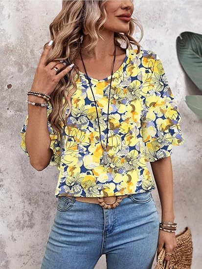 Womens Blouses Ruffle Sleeve Top V Neck Shirts Casual Outfit Bell Sleeve Cute Tee Spring Fall Summer Fashion Clothes