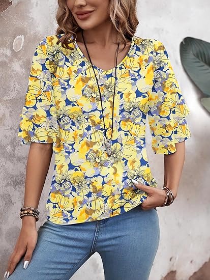 Womens Blouses Ruffle Sleeve Top V Neck Shirts Casual Outfit Bell Sleeve Cute Tee Spring Fall Summer Fashion Clothes