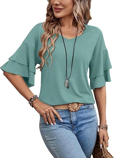 Womens Blouses Ruffle Sleeve Top V Neck Shirts Casual Outfit Bell Sleeve Cute Tee Spring Fall Summer Fashion Clothes