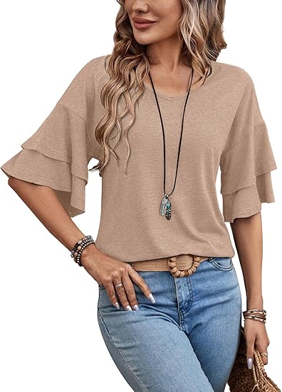 Womens Blouses Ruffle Sleeve Top V Neck Shirts Casual Outfit Bell Sleeve Cute Tee Spring Fall Summer Fashion Clothes