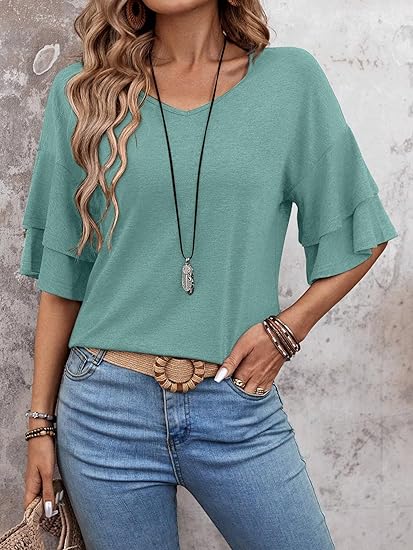 Womens Blouses Ruffle Sleeve Top V Neck Shirts Casual Outfit Bell Sleeve Cute Tee Spring Fall Summer Fashion Clothes