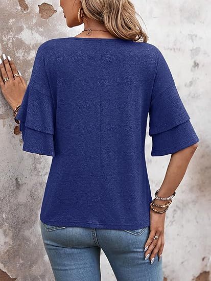 Womens Blouses Ruffle Sleeve Top V Neck Shirts Casual Outfit Bell Sleeve Cute Tee Spring Fall Summer Fashion Clothes