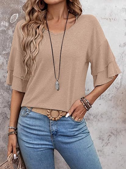 Womens Blouses Ruffle Sleeve Top V Neck Shirts Casual Outfit Bell Sleeve Cute Tee Spring Fall Summer Fashion Clothes