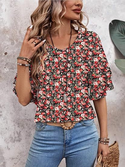 Womens Blouses Ruffle Sleeve Top V Neck Shirts Casual Outfit Bell Sleeve Cute Tee Spring Fall Summer Fashion Clothes