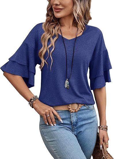 Womens Blouses Ruffle Sleeve Top V Neck Shirts Casual Outfit Bell Sleeve Cute Tee Spring Fall Summer Fashion Clothes