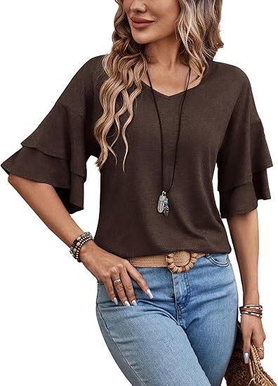 Womens Blouses Ruffle Sleeve Top V Neck Shirts Casual Outfit Bell Sleeve Cute Tee Spring Fall Summer Fashion Clothes