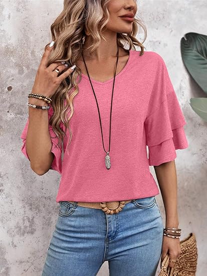 Womens Blouses Ruffle Sleeve Top V Neck Shirts Casual Outfit Bell Sleeve Cute Tee Spring Fall Summer Fashion Clothes