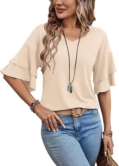 Womens Blouses Ruffle Sleeve Top V Neck Shirts Casual Outfit Bell Sleeve Cute Tee Spring Fall Summer Fashion Clothes