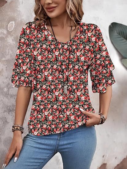 Womens Blouses Ruffle Sleeve Top V Neck Shirts Casual Outfit Bell Sleeve Cute Tee Spring Fall Summer Fashion Clothes