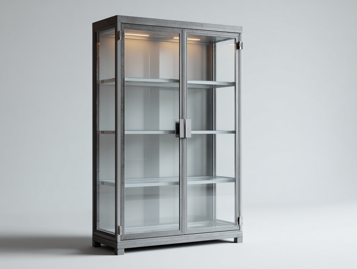 Estanterías con vitrina de vidrio y marco metálico gris 90x40x180 cm - diseño moderno para sala de estar-Denmypad