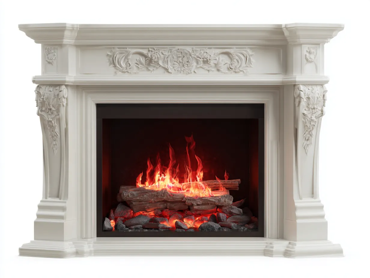 Chimeneas eléctricas con marco decorativo tallado 125x35x105 cm blanco - diseño clásico - para salón-Denmypad