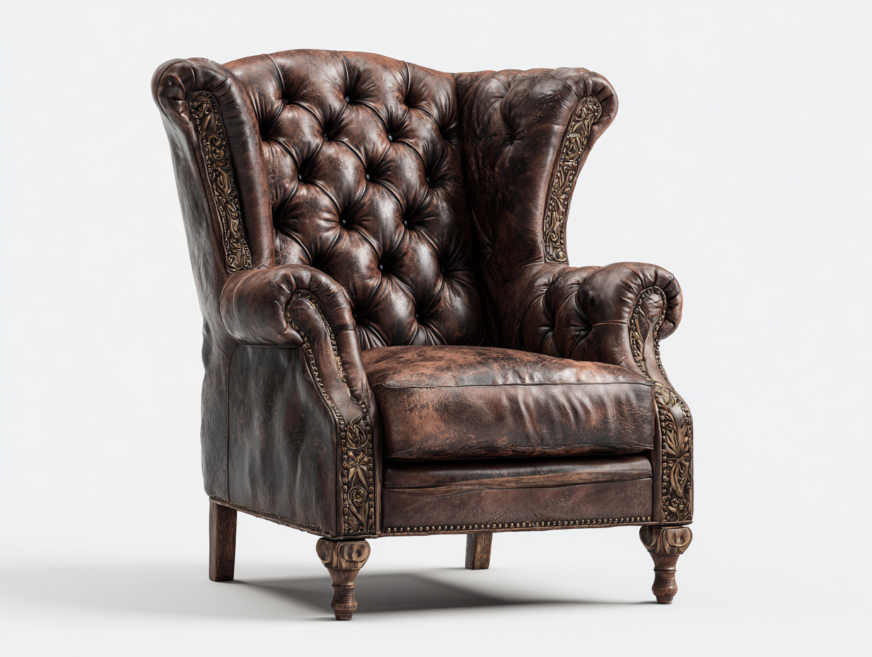 Sillón orejero tapizado cuero sintético marrón 85x90x110 cm - diseño clásico para sala de estar-Denmypad