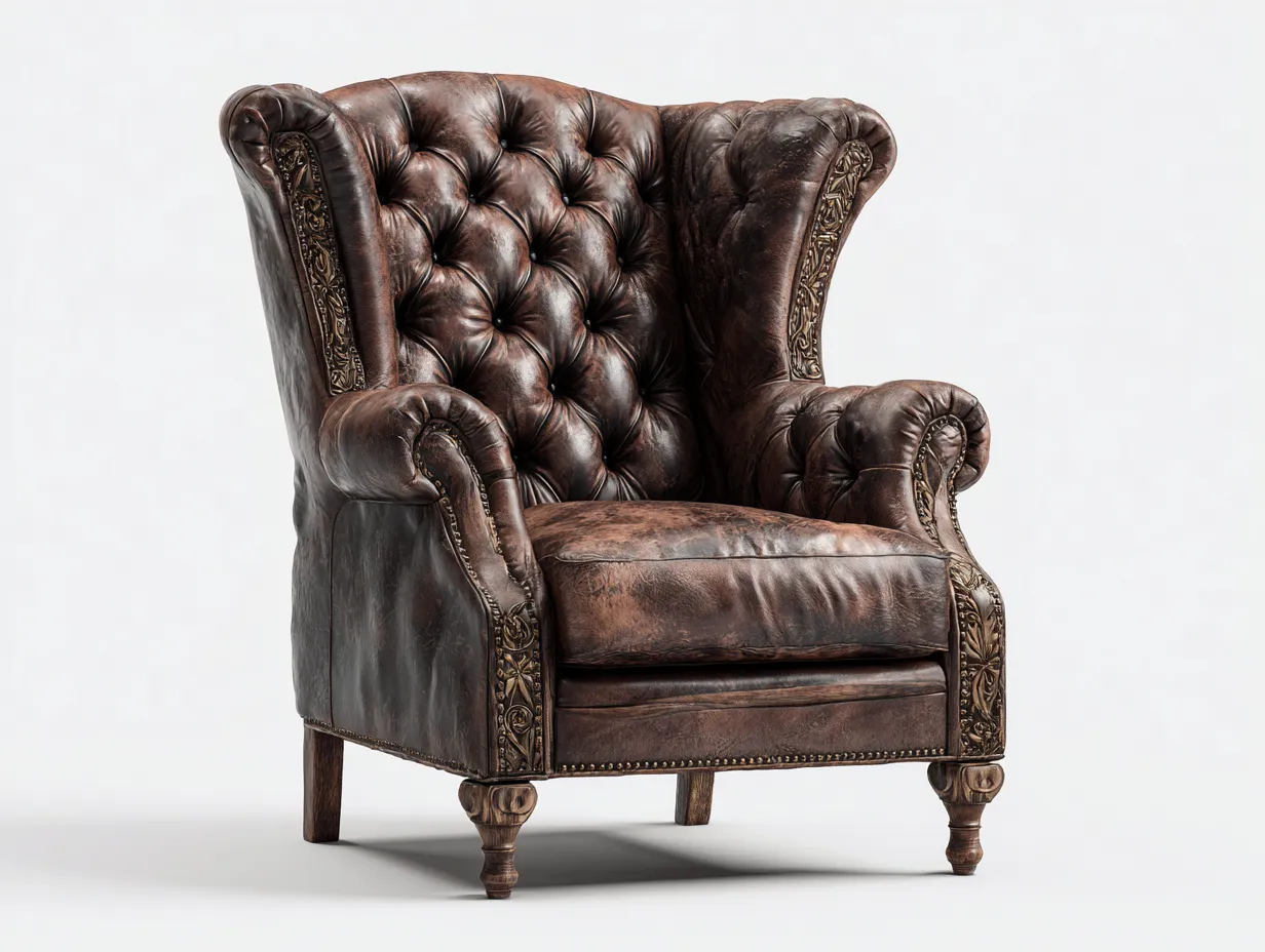 Sillón orejero tapizado cuero sintético marrón 85x90x110 cm - diseño clásico para sala de estar-Denmypad