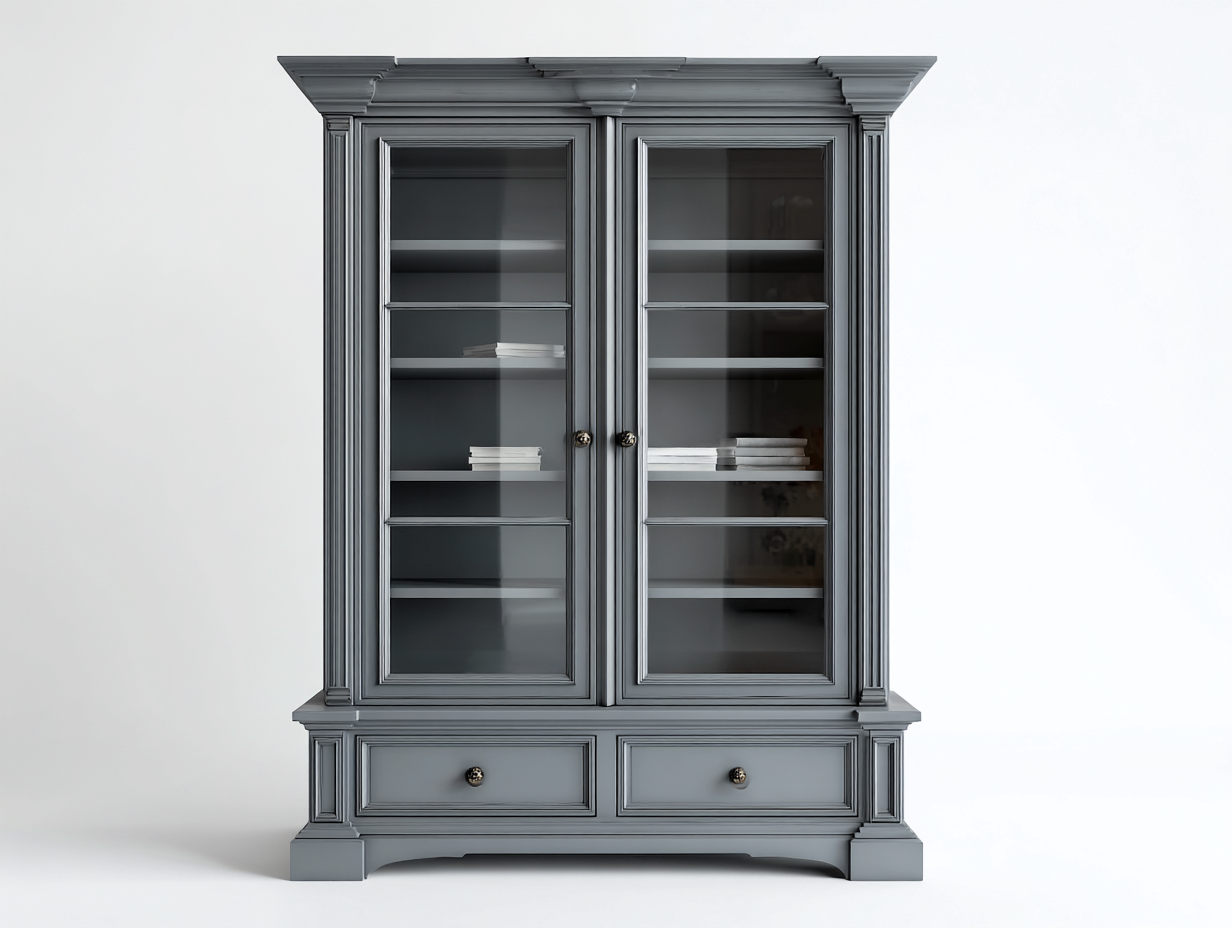 Estanterías con vitrina de madera gris y puertas de vidrio 120x45x200 cm - diseño clásico para sala de estar-Denmypad