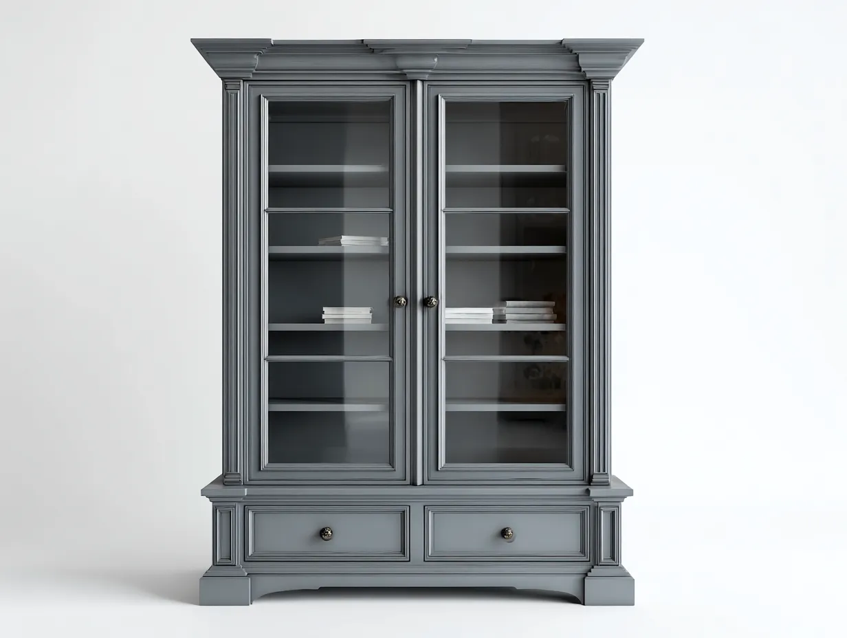 Estanterías con vitrina de madera gris y puertas de vidrio 120x45x200 cm - diseño clásico para sala de estar-Denmypad